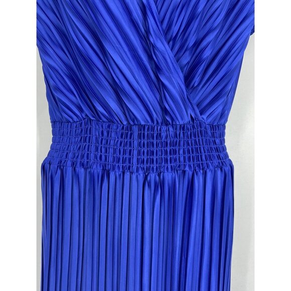 DKNY Blue Women Dress Size 12 Shift Midi Smocked Shutter Pleat Cap Sleeve New - Picture 4 of 10